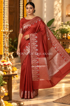 Banarasi Raw Mango Silk Saree in Maroon with Plain Body & Floral Zari Border & Pallu