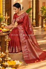 Banarasi Raw Mango Silk Saree in Maroon with Plain Body & Floral Zari Border & Pallu