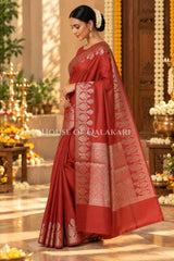 Banarasi Raw Mango Silk Saree in Maroon with Plain Body & Floral Zari Border & Pallu