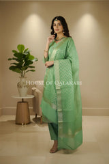 Munga Pure Silk Zari Floral Buti Unstitched Dress Material-Mint Green