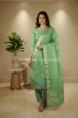 Munga Pure Silk Zari Floral Buti Unstitched Dress Material-Mint Green