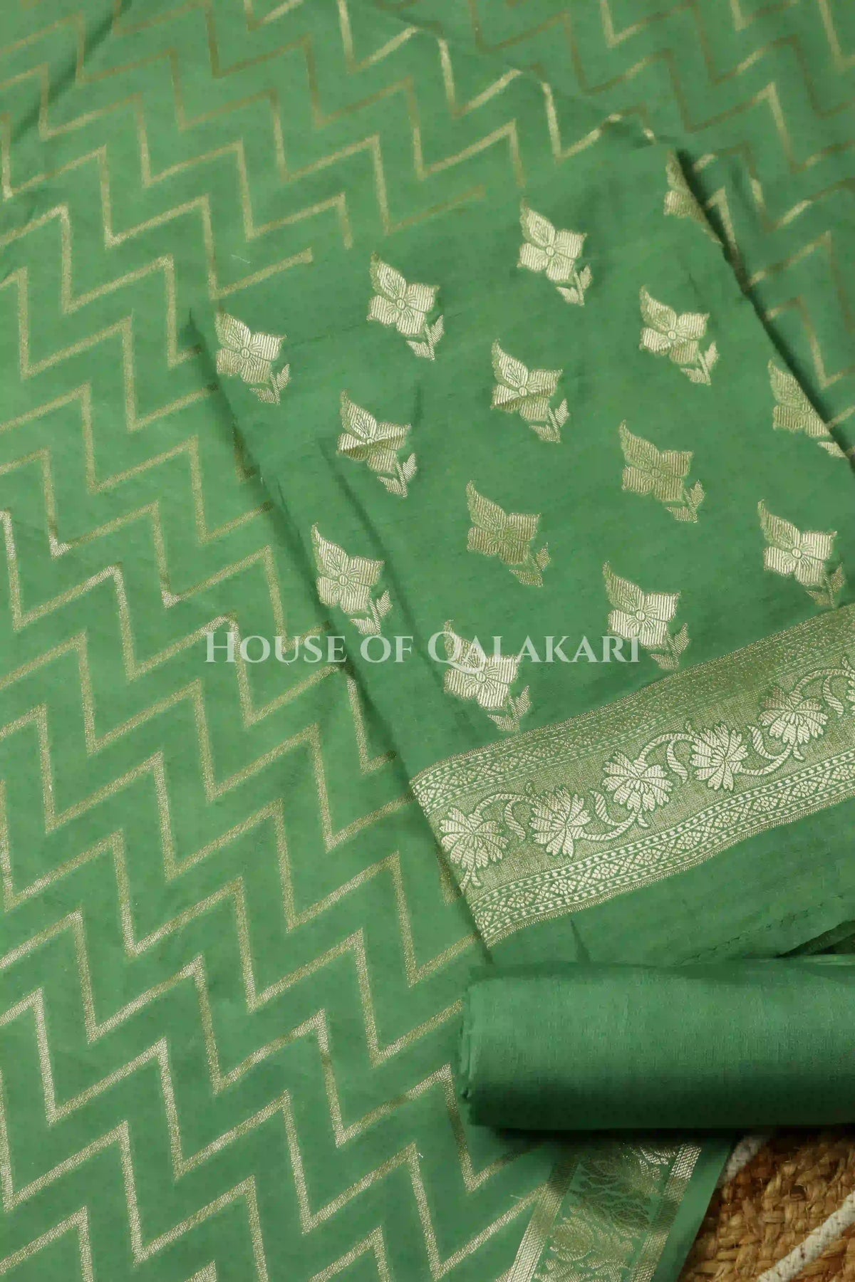 Munga Pure Silk Zari Floral Buti Unstitched Dress Material-Mint Green