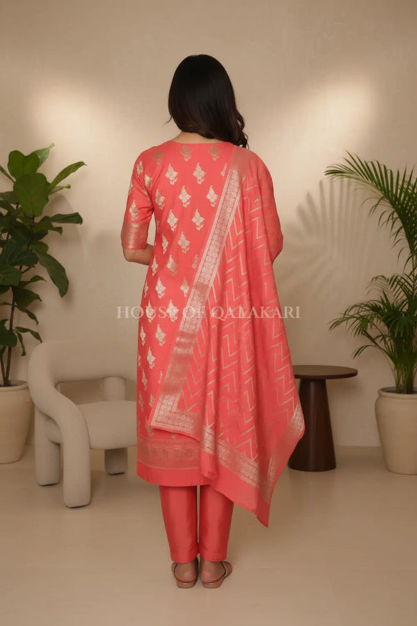 Munga Pure Silk Zari Floral Buti Unstitched Dress Material-Coral Pink