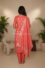 Munga Pure Silk Zari Floral Buti Unstitched Dress Material-Coral Pink