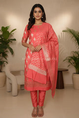Munga Pure Silk Zari Floral Buti Unstitched Dress Material-Coral Pink