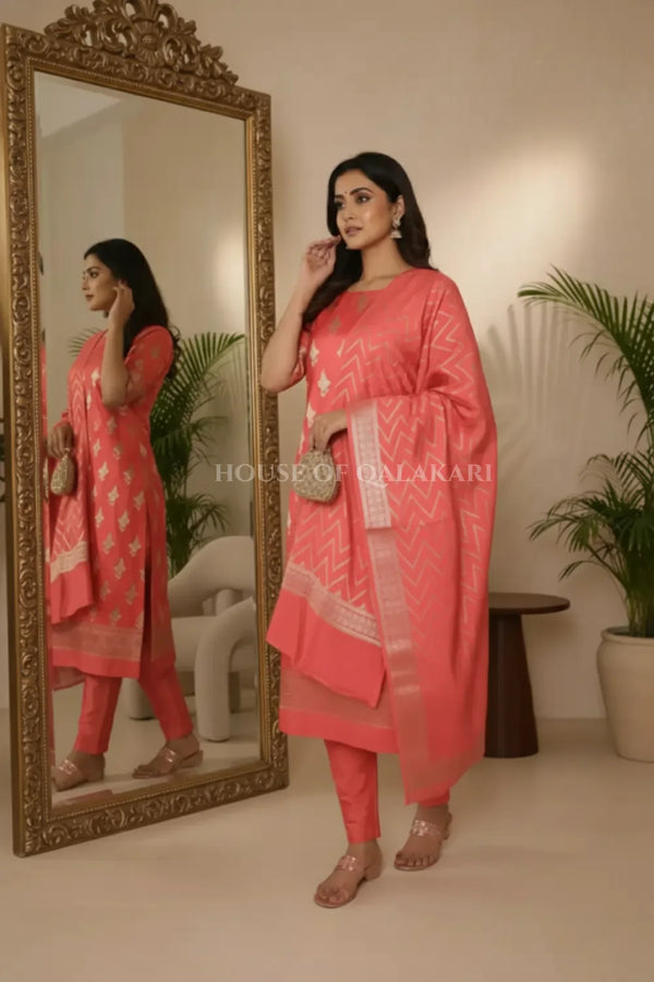 Munga Pure Silk Zari Floral Buti Unstitched Dress Material-Coral Pink