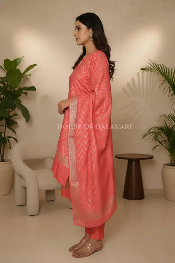 Munga Pure Silk Zari Floral Buti Unstitched Dress Material-Coral Pink