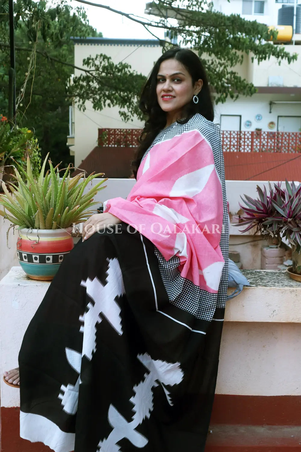 Peach & Black  Bagru Mulmul Cotton Saree with Off-White Floral Buti Prints