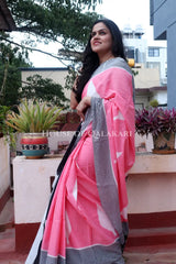 Peach & Black  Bagru Mulmul Cotton Saree with Off-White Floral Buti Prints