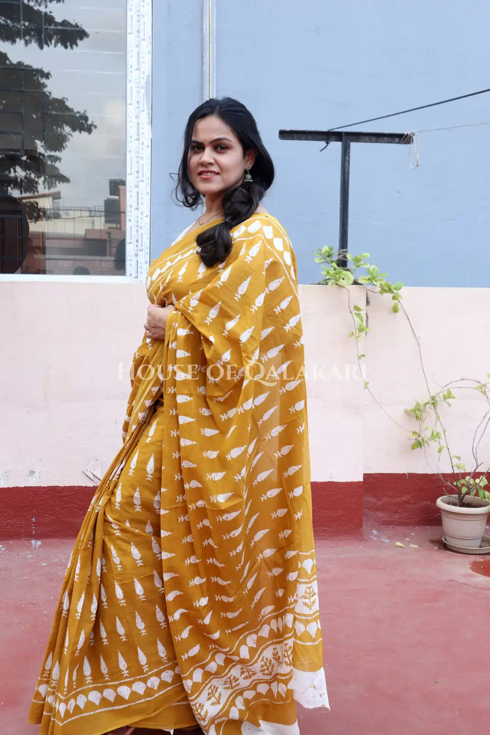Mustard Bagru Mulmul cotton Saree with Off-White Prints