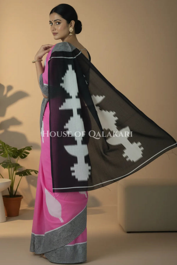 Pink & Black  Bagru Mulmul Cotton Saree with Off-White Floral Buti Prints