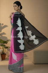 Pink & Black  Bagru Mulmul Cotton Saree with Off-White Floral Buti Prints
