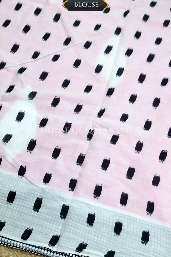 Pink & Black  Bagru Mulmul Cotton Saree with Off-White Floral Buti Prints