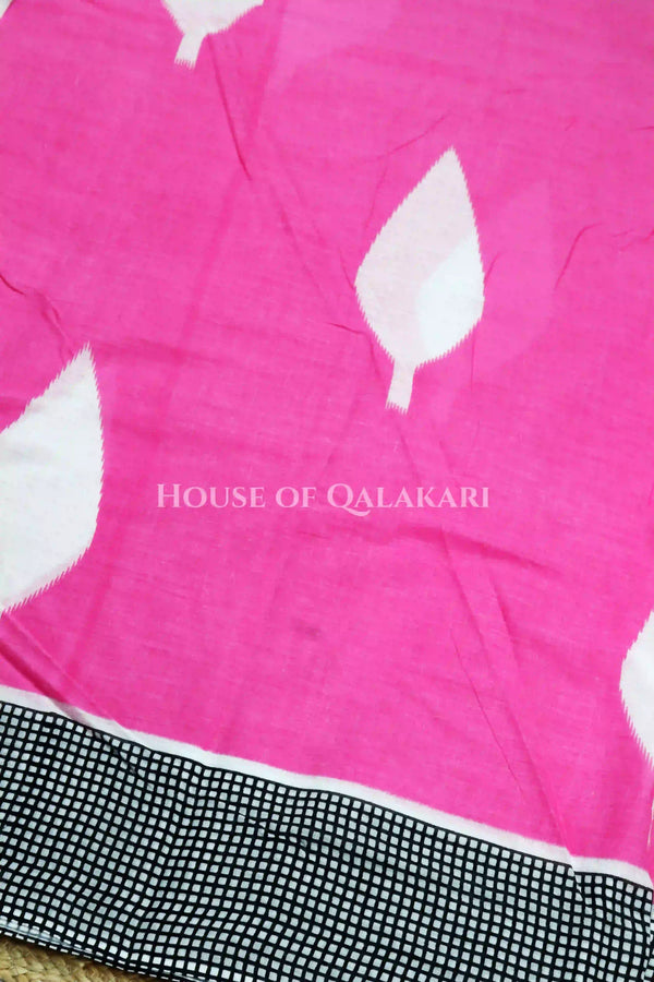 Pink & Black  Bagru Mulmul Cotton Saree with Off-White Floral Buti Prints