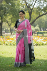 Pink & Black  Bagru Mulmul Cotton Saree with Off-White Floral Buti Prints