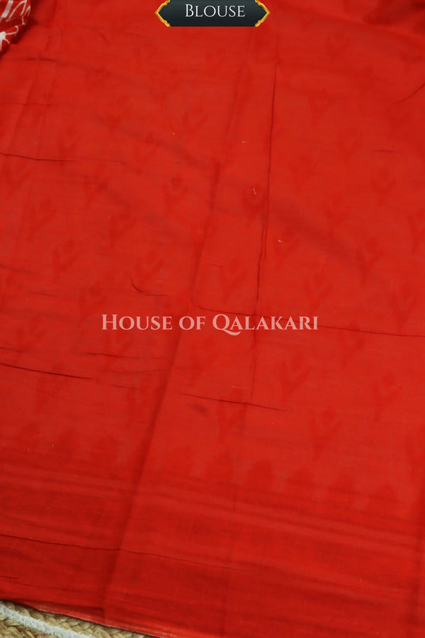 Off-White & Orange Bagru Mulmul Cotton Saree with Traditional Motifs