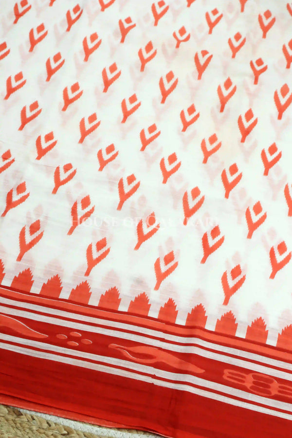 Off-White & Orange Bagru Mulmul Cotton Saree with Traditional Motifs