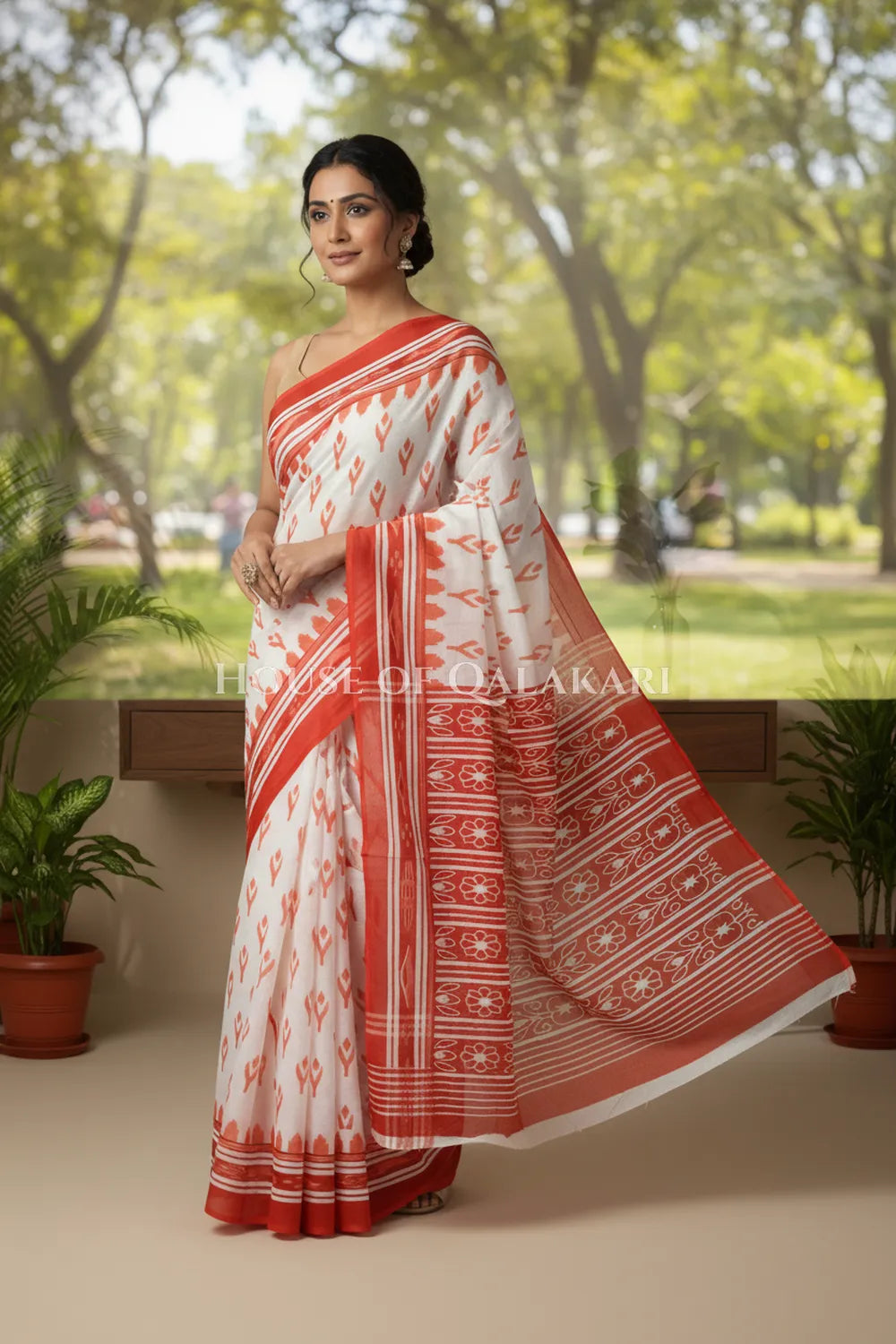 Off-White & Orange Bagru Mulmul Cotton Saree with Traditional Motifs