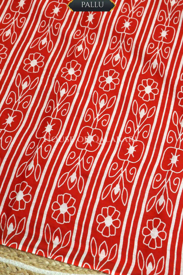 Off-White & Orange Bagru Mulmul Cotton Saree with Traditional Motifs