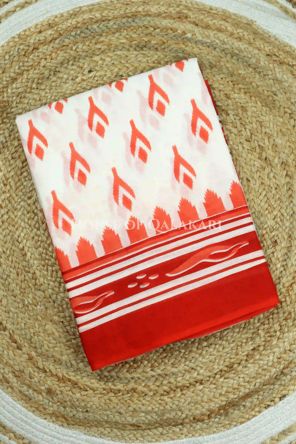 Off-White & Orange Bagru Mulmul Cotton Saree with Traditional Motifs