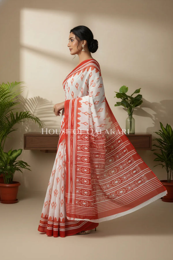 Off-White & Orange Bagru Mulmul Cotton Saree with Traditional Motifs