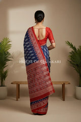 Indigo Blue & Red Bagru Mulmul Cotton Saree with Off-White Ikat-Inspired Motifs