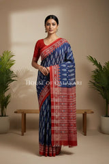 Indigo Blue & Red Bagru Mulmul Cotton Saree with Off-White Ikat-Inspired Motifs