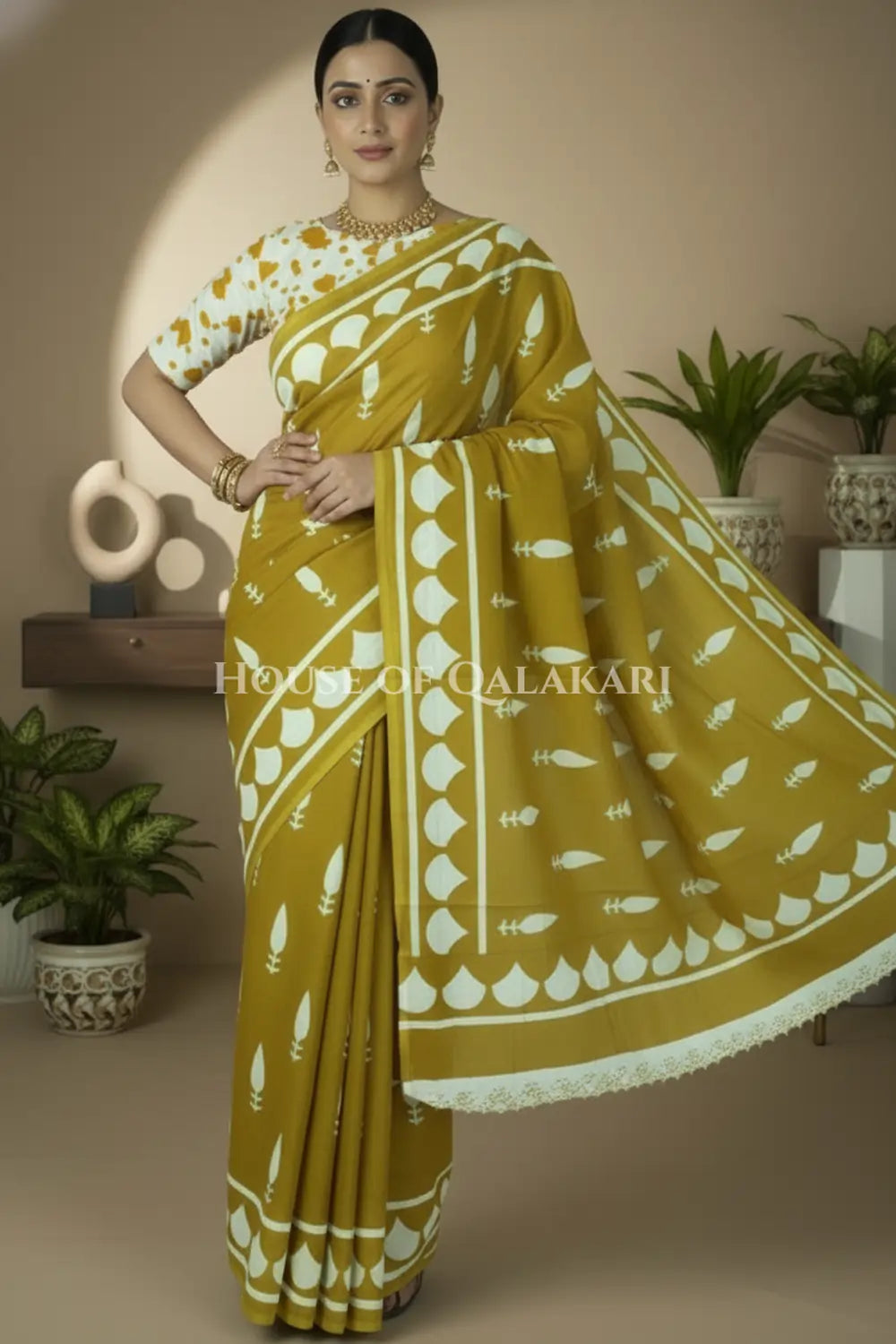 Mustard Bagru Mulmul cotton Saree with Off-White Prints