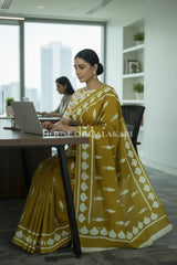 Mustard Bagru Mulmul cotton Saree with Off-White Prints