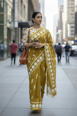 Mustard Bagru Mulmul cotton Saree with Off-White Prints