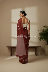 Brick Red Bagru Mulmul Cotton Saree with Off-White Bird Motifs