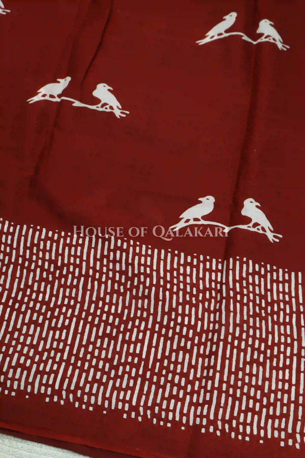 Brick Red Bagru Mulmul Cotton Saree with Off-White Bird Motifs