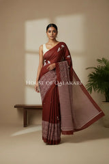 Brick Red Bagru Mulmul Cotton Saree with Off-White Bird Motifs