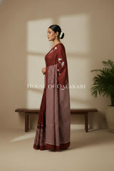 Brick Red Bagru Mulmul Cotton Saree with Off-White Bird Motifs
