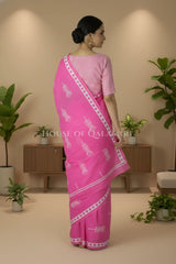 Pink Bagru Mulmul Cotton Saree with Off-White Ethnic Buti Print