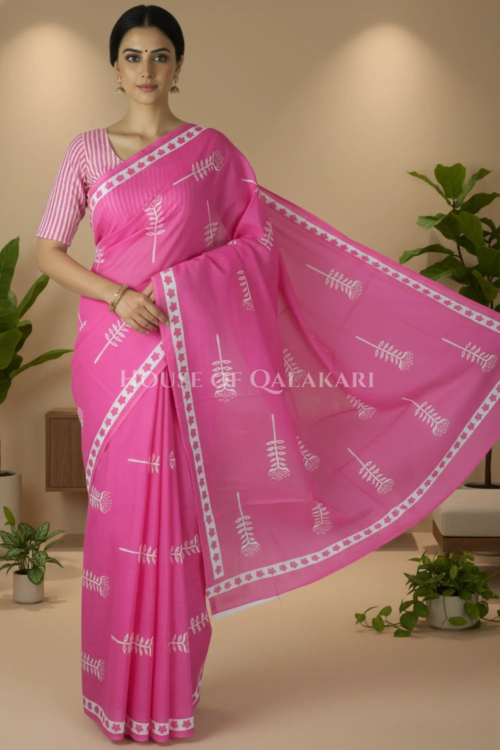 Pink Bagru Mulmul Cotton Saree with Off-White Ethnic Buti Print