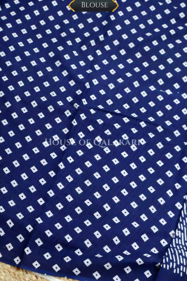 Indigo Bagru Mulmul Cotton Saree with Off-White Bird Motifs