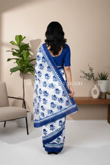 White & Blue Bagru Mulmul Cotton Saree with Floral Motifs