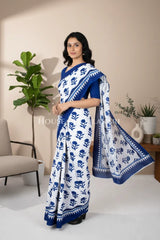 White & Blue Bagru Mulmul Cotton Saree with Floral Motifs