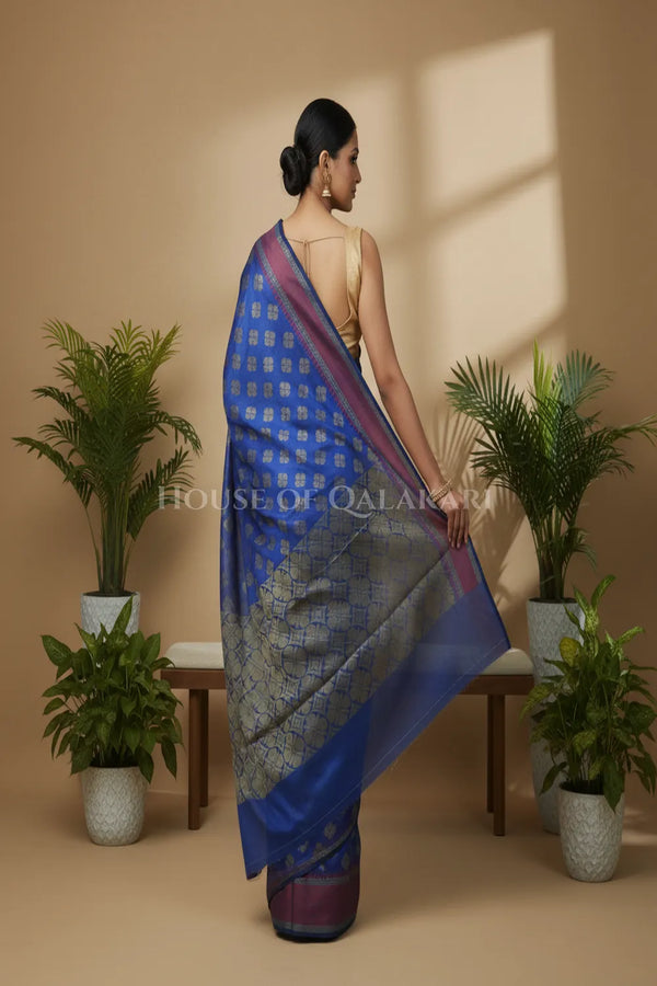Royal Blue Banarasi Cotton Patola Saree with Floral geometric woven butis