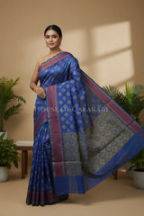 Royal Blue Banarasi Cotton Patola Saree with Floral geometric woven butis