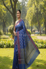 Royal Blue Banarasi Cotton Patola Saree with Floral geometric woven butis