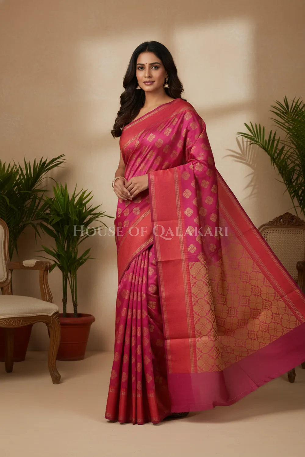 Pink Banarasi Cotton Patola Saree with Floral geometric woven butis
