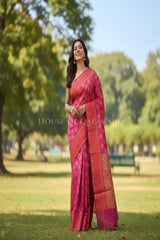 Pink Banarasi Cotton Patola Saree with Floral geometric woven butis