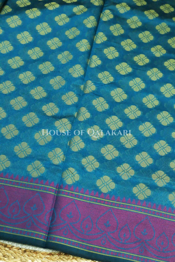 Peacock Blue Banarasi Cotton Patola Saree with Floral geometric woven butis