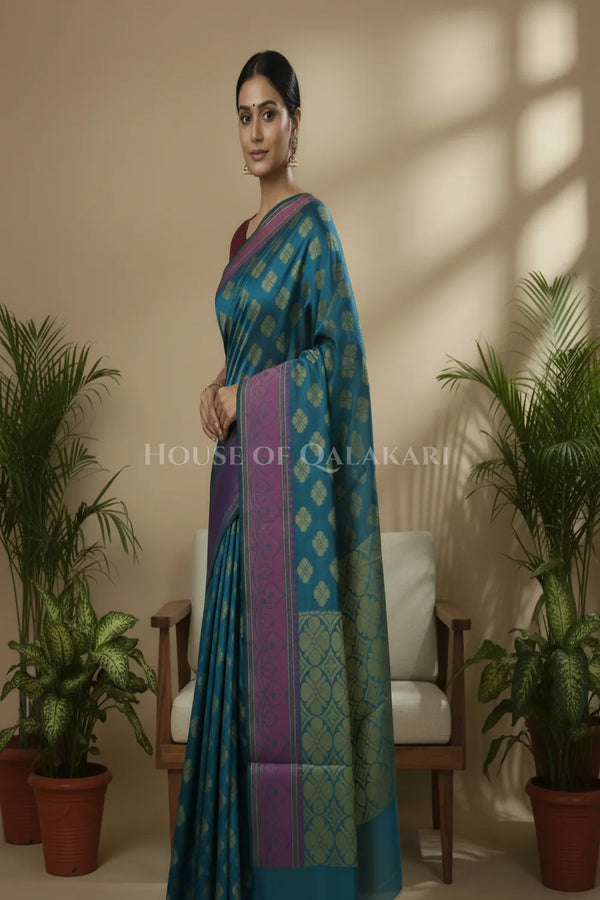 Peacock Blue Banarasi Cotton Patola Saree with Floral geometric woven butis