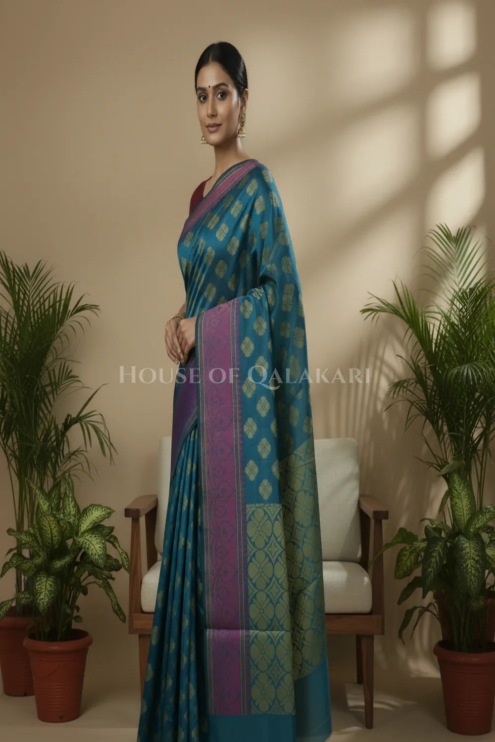 Peacock Blue Banarasi Cotton Patola Saree with Floral geometric woven butis