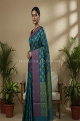 Peacock Blue Banarasi Cotton Patola Saree with Floral geometric woven butis
