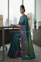 Peacock Blue Banarasi Cotton Patola Saree with Floral geometric woven butis