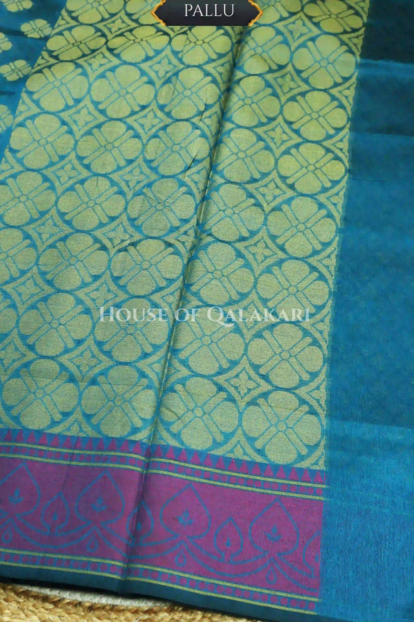 Peacock Blue Banarasi Cotton Patola Saree with Floral geometric woven butis